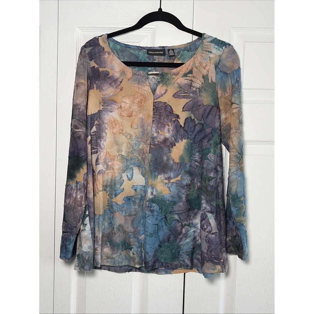 Nina Leonard Burnout Floral Top Womens M Blue Purple Watercolor Metal Bar Blouse